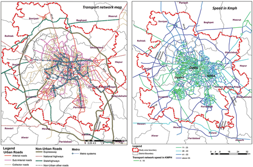 Figure 4. Transport network characteristics for the study area. a) represents the typology of transport network in the study area; b) represents the peak hour speeds on the identified transport network i.E roads and Metro system.