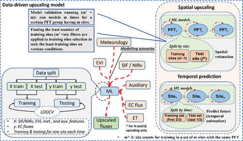 Figure 2. Schematic diagram of one complete upscaling model training. The red dashed arrows indicate the data flow into the machine-learning (ML) upscaling model. The orange blocks or oval are input data to models, green blocks are model output data, and blue blocks refer to components the models. The block on the bottom-left reveals the machine-learning model workflow. The block on the right shows the model scenarios: 1) spatial estimation (estimating the whole GPP time series at one EC tower by training the model using data at other towers with the same plant functional type); 2) temporal estimation (estimating future GPP from data in the past).