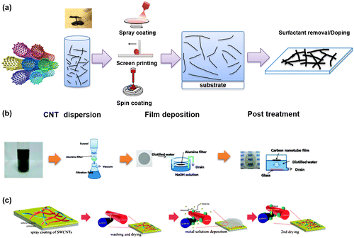 Figure 2. (a) Schematic of typical wet process for fabricating CNT-based TCFs, which includes CNT dispersion, film deposition and post treatment (surfactant removal and/or doping). Two examples for fabricating CNT-based TCFs: (b) vacuum filtration and alumina membrane transfer to make CNT films (reprinted with permission from [Citation80] Copyright 2010 American Chemical Society); and (c) spray coating and post treatments of CNT films (reprinted with permission from [Citation101], copyright 2010 Royal Society of Chemistry.)