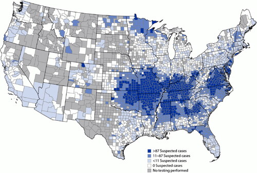 Figure 1. Geographic distribution of suspected alpha-gal syndrome cases* per 1 million population per year—United States, 2017–2022 (from reference [Citation11], US Centers for Disease Control and Prevention, public domain).