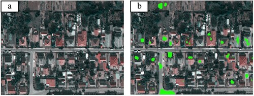 Figure 6. Segmentation result based on the combined training data of the WorldView-2 and the orthophoto (2O-P80-3). – a) original image; b) segmentation result; first and last tags of the label: 2 = WorldView-2; 3 = WorldView-3; O = Orthophoto. Second tag = Number of training image used for the prediction (before augmentation).