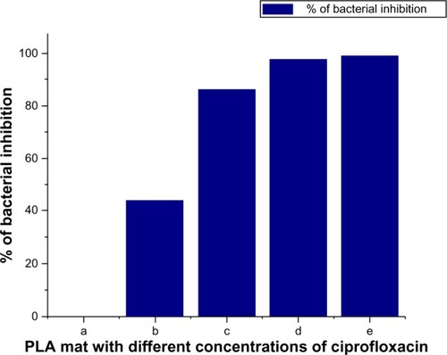 Figure 8 Antibacterial effect of nonwoven nanomats containing different concentrations of ciprofloxacin against Staphylococcus aureus.Notes: Control PLA nanofiber mat a); PLA nanofiber mat (0.15 μg/mL) b); PLA nanofiber mat (0.3 μg/mL) c); PLA nanofiber mat (0.45 μg/mL) d); and PLA nanofiber mat (0.55 μg/mL) e).Abbreviations: PLA, polylactide; SD, standard deviation.