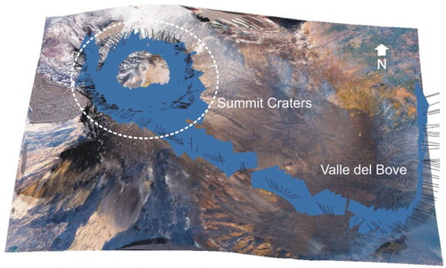 Figure 3. 3D view of the target area and position of the 709 images acquired from the helicopter to build the orthorectified map shown in Main Map. The black lines indicate the normal of the camera frame.