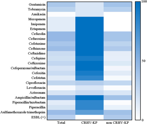 Figure 4 The heat-map of the different degrees of antimicrobial resistance of invasive K. pneumoniae strains in this study.