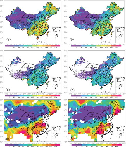 Figure 2. Multi-year standard deviation of the carbon flux over China. (a) Gross primary production (GPP) from the AVIM; (b) net primary production (NPP) from the AVIM; (c) GPP from the MODIS data; (d) NPP from the MODIS data; (e) GPP from the TRENDY data; (f) NPP from the TRENDY data. Units: g C m−2 yr−1. AVIM and MODIS data averaged for the time period 2000–15; TRENDY data averaged for the time period 2000–10