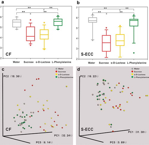 Figure 4. Alpha and beta diversity of microbial communities when using water, sucrose, α-D-Lactose, and L-Phenylalanine as the sole carbon source. Boxplots of Shannon indices (alpha diversity estimator) in the CF (a) and S-ECC (b) groups. All data are presented as medians and the 10th, 25th, 75th, and 90th percentiles. ** P < 0.01 as assessed using the post hoc analysis for the Friedman test in SPSS (v 20). A principal coordinate analysis (PCoA) of beta diversity based on the weighted UniFrac distance values in the CF (c) and S-ECC (d) groups.