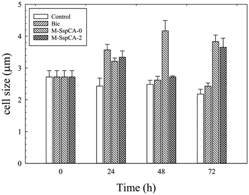 Figure 3. Average cell diameter of C. sorokiniana cells in control and experimental cultures (Bic, M-SspCA-0, M-SspCA-2). Error bars represent SD (n = 3).