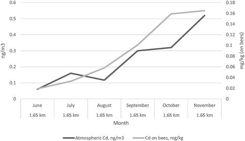 Figure 2. Concentrations of atmospheric Cd and its content on bees located in the city of Milan (Orti di via Padova) (the beehive is 1.65 km far from the monitoring station of Milan,Città Studi and 5 km from the monitoring station of Milan, Senato).