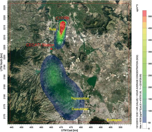 Figure 7. Hourly SO2 concentrations (μg/m3) estimated by CALPUFF for fuel oil consumption at the CTFPR, December 13, 2010 (12:00 LT). The CECATI meteorological station and CTFPR power plant are indicated in red.