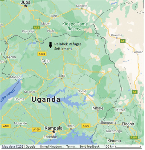 Figure 1. Map showing Palabek Refugee Settlement, Pajok, and surrounding areas.
