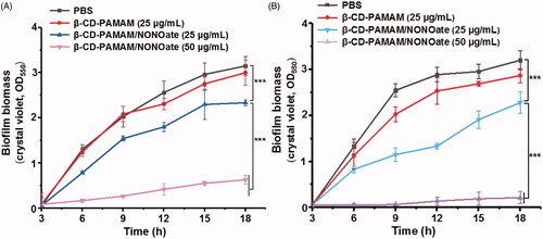 Figure 3. Inhibition results of biofilm formation for the bacterial of E. coli (A) and S. aureus (B). The data are presented as the mean ± standard deviations (***p < .001, n = 3).
