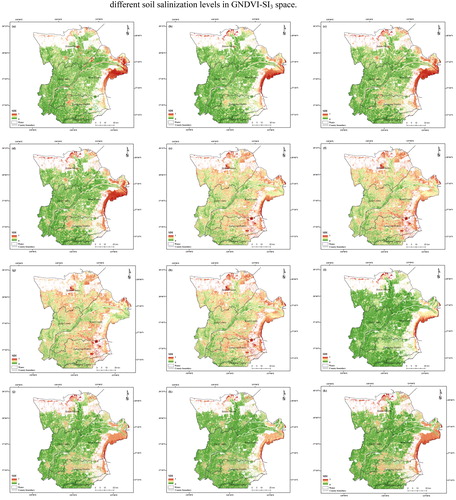 Figure 9. Spatial distributions of salinization index for twelve models based on VI-SI feature spaces (a) MSAVI-SI1; (b) ENDVI-SI1; (c) GNDVI-SI1; (d) NDVI-SI1; (e) ENDVI-SI3; (f) GNDVI-SI3; (g) MSAVI-SI3; (h) NDVI-SI3; (i) ENDVI-SI4; (j) GNDVI-SI4; (k) MSAVI-SI4; (l) NDVI-SI4.