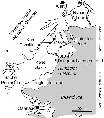 Figure 1. Locality information for GGU sample 216842 Cape Schuchert Formation (Silurian, Llandovery Series), Washington Land, North Greenland.