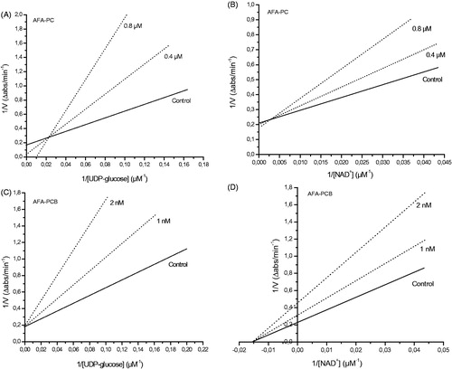 Figure 3. Lineweaver--Burk plots determined using increasing concentrations of UDP-Glc (5--40 μM) and NAD+ (6.25--200 μM). AFA PC acted as a mixed-type inhibitor with respect to both UDP-Glc (A) and NAD+ (B), with Ki values of 0.18 and 0.90 μM, respectively. Interestingly, AFA PCB acted as a competitive inhibitor with respect to UDP-Glc (C) and as a non-competitive inhibitor with respect to NAD+ (D), with Ki values of 1.34 and 1.81 nM, respectively. Values are expressed as the average from duplicate experiments.