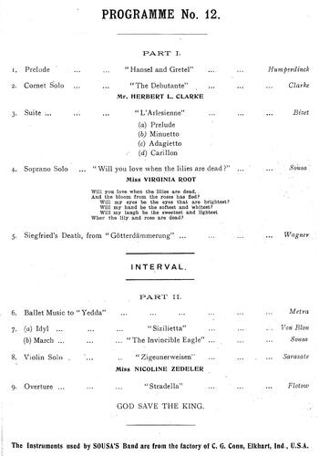 Figure 7. Programme no. 12 from the Sousa Band’s Australasian tour, 1911. ‘Sousa and his Band. Programmes 5, 7, 10, 11, 12, 20.’ Papers of Alex Whitmore (1906, 1911), UMA-ACE-19750065, University of Melbourne Archives. Reproduced with permission of the University of Melbourne Archives.