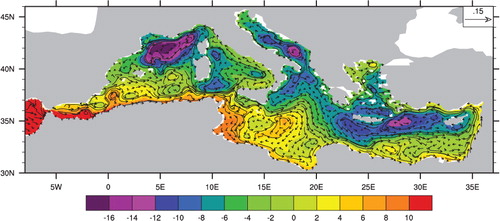 Fig. 13 1980–2012 dynamic SSH (in cm) and currents at 25 m (in m/s).