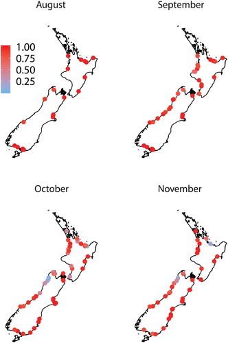 Figure 1. The proportion of īnanga (Galaxias maculatus) in whitebait samples (n ≥ 100 fish) collected over four months from up to 87 rivers around New Zealand.