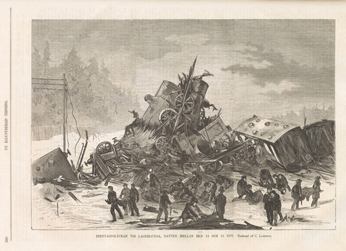 Figure 3. The railway collision in Lagerlunda. A sketch by Carl Larsson in Ny Illustrerad Tidning, 20 November 1875.