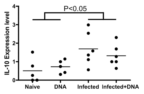 Figure 6. IL-10 regulated the balance of Th1 and Th2 induced by schistosome infection and followed HIV vaccination. Lymphocytes isolated from one week after last immunization were stimulated, stained, and analyzed by flow cytometry. IL-10 expression in CD4+ T cells is enumerated per immunization group. *p < 0.05 per the unpaired t test.