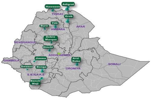 Figure 1. Honey samples collected from different regions of Ethiopia. Marked places (Green pins) are sites of Honey sample collection