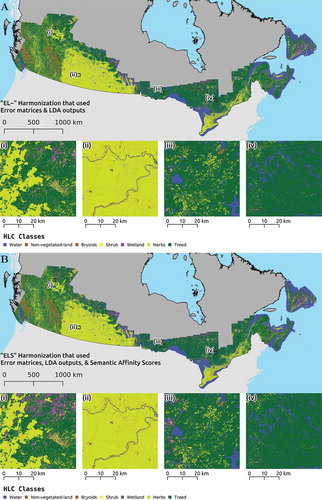 Figure 4. Harmonized maps by the approaches (A) ‘EL~2H’, using error matrices and LDA outputs for harmonization; and (B) ‘ELS2H’, using error matrices, LDA outputs, and semantic affinity scores for harmonization