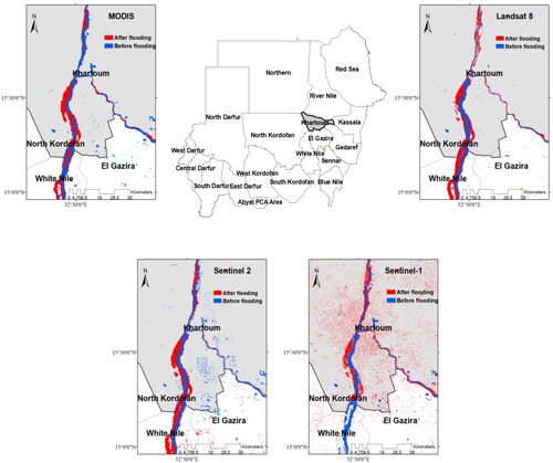 Figure 4. The flood inundation extends maps using four sensors over Khartoum state (a) MODIS (b) Sentinel-1 c) Sentinel-2 d) Landsat 8.