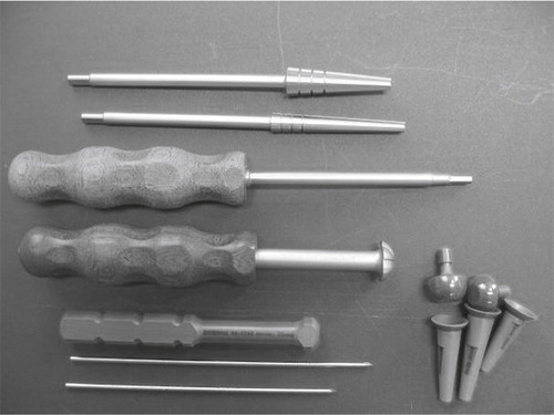 Figure 26. The Motec total wrist arthroplasty. Thicker and shorter proximal screw, thinner and longer distal screw. Courtesy of Swemac Orthopaedics AB, Linköping, Sweden.