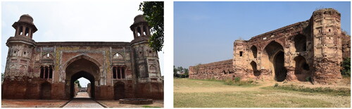 Figures 3a and b. Epigraphic locations on the gateways of two other Mughal caravanserais from Punjab—Amanat Khan (left) with its running band of calligraphy framing the arch and Lashkar Khan (right) with smaller panels affixed closer to battlements.Source: Author