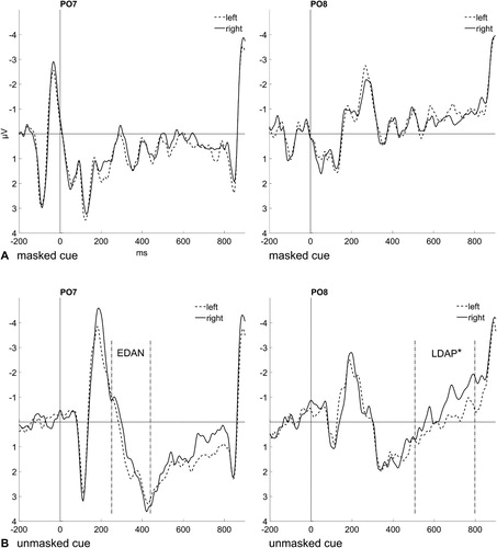 Figure 2. (A) Event-related potentials (ERPs) elicited by masked cues at electrode sites PO7 (left panel) and PO8 (right panel), depending on the identity of the cue word (dashed line: left, solid line: right). (B) ERPs elicited by unmasked cues at electrode sites PO7 (left panel) and PO8 (right panel), depending on the identity of the cue word (dashed line: left, solid line: right). For unmasked cues, the early directing-attention negativity (EDAN; not significant) can be seen between 250 and 450 ms (PO7) and the significant late directing-attention positivity (LDAP) between 500 ms and 800 ms (PO8).