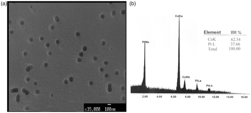 Figure 3. (a) SEM image of a substrate surface after filling the pores with Co–Pt nanowires. (b) EDAX spectrum of the sample.