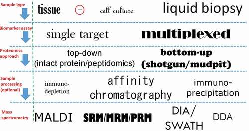 Figure 3. Decision matrix for the biomarker validation workflow using MS-based proteomics (font size defined by the number of papers found using keyword searches [biomarker + validation or verification + protein ± clinical + specific term, e.g. tissue or top-down] in Pubmed). The red-circled keyword is ‘organoid,’ a newly emerging 3D primary cell-based sample proving valuable in personalized biomarker validation, but representing only 0.036% of the ‘sample type’ papers at the current time.