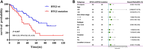 Figure 6 Kaplan-Meier Estimates of Overall Survival and Forest Plots by Subgroup. (A) Overall Survival of BTG2 mutation and BTG2 wild type (wt). (B) Overall Survival in Prespecified Subgroups.