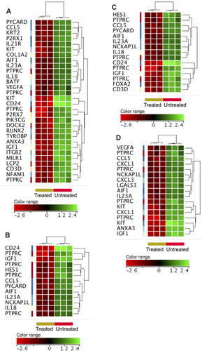 Figure 4 Down-expressed genes in the ZnO NPs-treated K562 cells compared with the untreated K562 cells. Hierarchical cluster analysis with heatmap presentation was applied on the down-expressed genes (FC≥4; p≤0.008; corrected p≤0.05) that significantly enriched the biological processes “cell activation” (A), “positive regulation of mononuclear cell proliferation” (B), “positive regulation of cell adhesion” (C) and “positive regulation of cell migration” (D). The color range represents the normalized signal value of probes (log2 transformation and 75 percentile shift normalization).