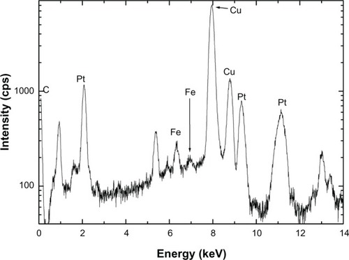 Figure 2 Energy-dispersive spectroscopy spectrum of iron–platinum nanocrystal confirming the presence of iron and platinum elements.