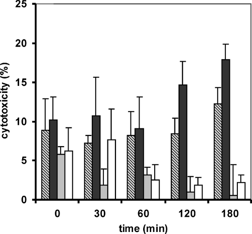 FIG. 5 Quantification of cell death and cell lysis by lactate dehydrogenase activity measurement. Cytotoxicity was measured over a time period of three hours and expressed in percent. Legend: Stripped bars represent 0.25% unmodified chitosan, black bars 0.5% unmodified chitosan, grey bars represent the 0.25% 400 kDa CAC conjugate and white bars the 0.5% 400 kDa CAC conjugate. Data are means of at least three experiments ± standard deviation.