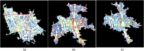 Figure 8. (Color Online) (a) Selected hotspots for correlation tests in London; (b) selected hotspots in Tokyo before the earthquake and (c) after the earthquake, along with the contained natural streets