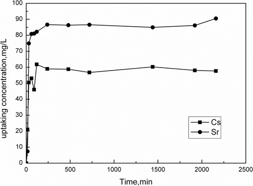 Figure 5. Effect of contact time on Cs+/Sr2+ adsorption (50 mg/L Cs+/Sr2+ 20 mL, pH = 7.0, 100 mg activated porous calcium silicate).