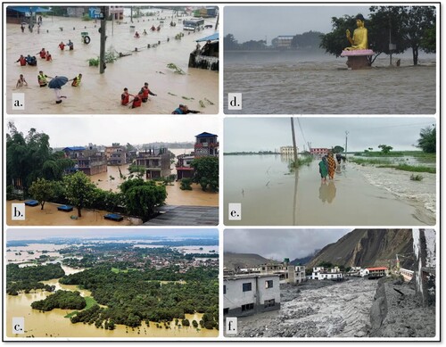 Figure 8. Flooding in GRB: Settlements near Nepal-India and Nepal-China borders a)Parasi Bazaar, Nepal (https://english.ratopati.com) b) Chitwan, Nepal (https://sanjalkhabar.com) c) Champaran, India (https://www.telegraphindia.com), d) Bharatpur, Nepal (https://old.risingnepaldaily.com) e) Balmikinagar, India (https://www.indiatoday.in) f) Kagbeni, Nepal (https://www.gorkhapatraonline.com).