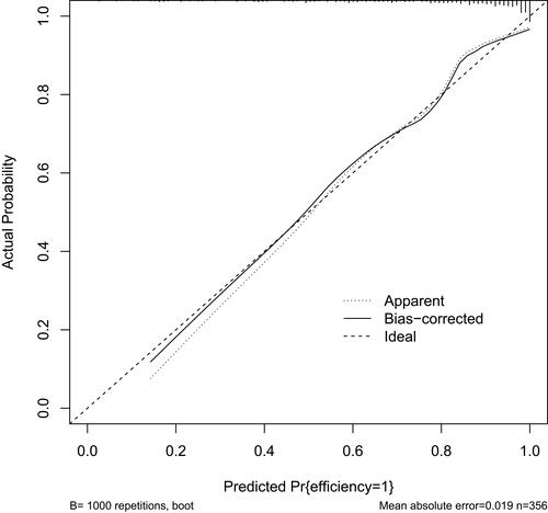 Figure 3 Validity of the predictive performance of the nomogram in predicting TURP efficacy in the primary cohort (n=356). The calibration curves of the prediction model for TURP efficacy. The nomogram-predicted probability is plotted on the x-axis, and the actual probability is plotted on the y-axis.