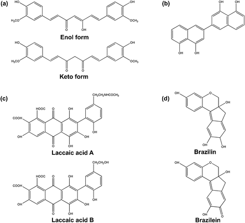 Figure 7. The chemical structures of the coloring agents in the plant extracts (a) turmeric, (b) diospyrol, (c) laccaic acid a and B, and (d) brazilin and brazilein.