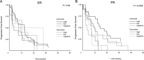 Figure 1.  Time to progression (TTP) by high, low and negative expression of ER and PR in primary tumor tissue for patients treated with either letrozole (black) or tamoxifen (grey). (A) TTP by ER expression: Letrozole treatment, ER high, n = 31; ER low, n = 9; ER negative, n = 3. Tamoxifen treatment, ER high, n = 27; ER low, n = 5; ER negative, n = 2, p = 0.88. (B) TTP by PR expression: Letrozole treatment, PR high, n = 20; PR low, n = 13; PR negative, n = 9. Tamoxifen treatment, PR high, n = 12; PR low, n = 15; PR negative, n = 9, p = 0.0093.
