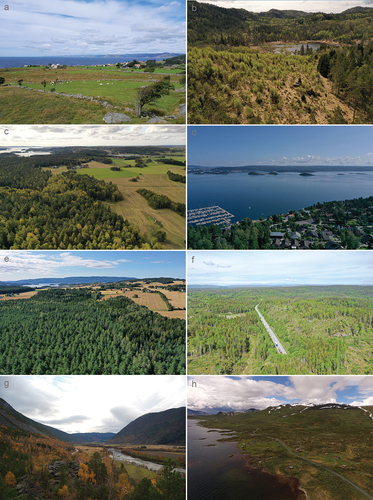 Fig. 3. Examples from some of the landscape regions and vegetation zones in southeast Norway. a: the coastal heathland in southernmost Norway; b: the inland wood- and heathland, with a small forest lake; c: low-lying, but fertile coastal landscape looking out towards the sea; d: vista towards the Oslo Fjord; e: slightly more undulating inland lowlands, with a large lake and mountains in the background; f: the wide stretching eastern forest; g: the eastern valleys; h: from the vinstra waters situated at around 1000 MASL. In the mountainous regions (except for a, which was taken by the author, all photos have been taken in connection with archaeological excavations by MCH).