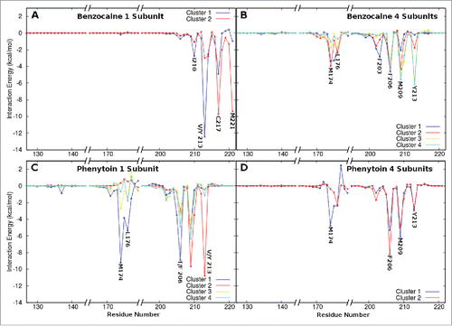 Figure 6. Interaction energies between each drug and the residues lining the channel lumen for each of the most populated clusters. (A) Benzocaine in the 1S system where cluster 1 and 2 are located above and in the activation gate respectively. (B) Benzocaine in the 4S system in which Clusters 1 to 4 are all located in the fenestrations but the drug is oriented in different directions. (C) Phenytoin in the 1S system in which clusters 1, 3 and 4 are all located in the fenestrations while cluster 2 is located in the activation gate. (D) Phenytoin in the 4S system. Only regions of the sequence with significant interactions are shown.