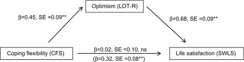 Figure 2 Effect of coping flexibility on life satisfaction, mediated by optimism (sex and age entered as controls but not shown in the diagram).