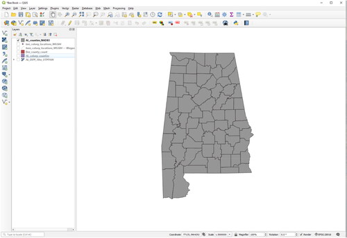 Figure 59. A polygon layer containing administrative districts (counties) for the state of Alabama has been loaded to the QGIS project.