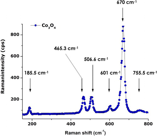 Figure 5. Typical Raman spectrum of the annealed Co3O4 nanoparticles.