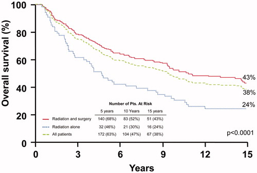Figure 5. Overall survival rates after surgery and adjuvant radiotherapy (RT), RT alone, and for the overall group.