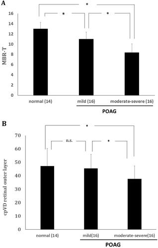 Figure 2 (A) ONH tissue blood flow (MBR-T, mean ± standard error) changes in normal subjects and patients in each glaucoma stage. P<0.001 (one-way ANOVA), *P<0.01 (Dunnett’s test). (B) Retinal outer layer cpVD changes (mean ± standard error) in each glaucoma stage. P=0.02 (one-way ANOVA), *P<0.01 (Dunnett’s test).Abbreviations: n.s, not significant; ONH, optic nerve head; MBR-T, tissue mean blur rate; cpVD, circumpapillary vessel density.