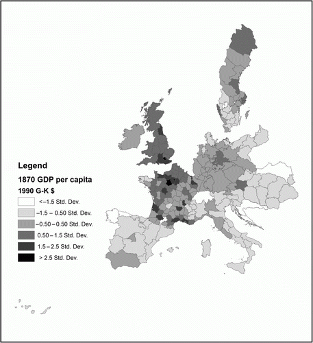 Figure 2.  European Regional GDP per capita in 1990 Geary-Khamis dollars, 1870. Sources: Authors' calculations based on sources in Section 2.4.