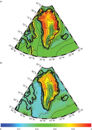 Fig. 4 The ERA-I (a) winter mean (DJF) and (b) summer mean (JJA) directional constancy of the 10 m wind speed (contours and shading).